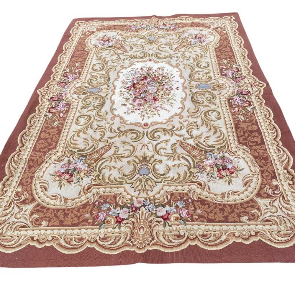 Vtg Aubusson-Style Needlepoint Floral Tapestry Rug Baroque No Backing Pink Brown